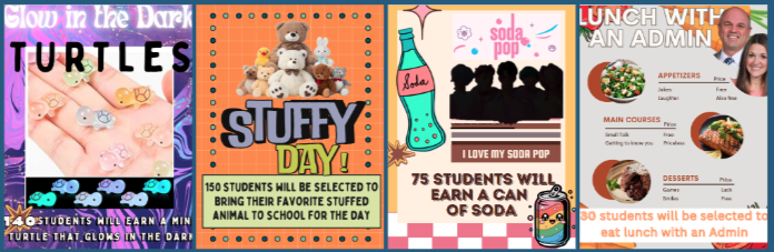 Image of potential prizes for November, including glow in the dark turtles, bring a stuffy to school day, can of soda, and lunch with an admin