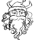 A black and white drawing of santa with viking horns and a santa clause hat on.