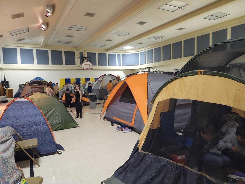 Tents set up in the gym