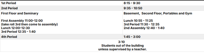 Bell schedule for Christmas Music Asssembly