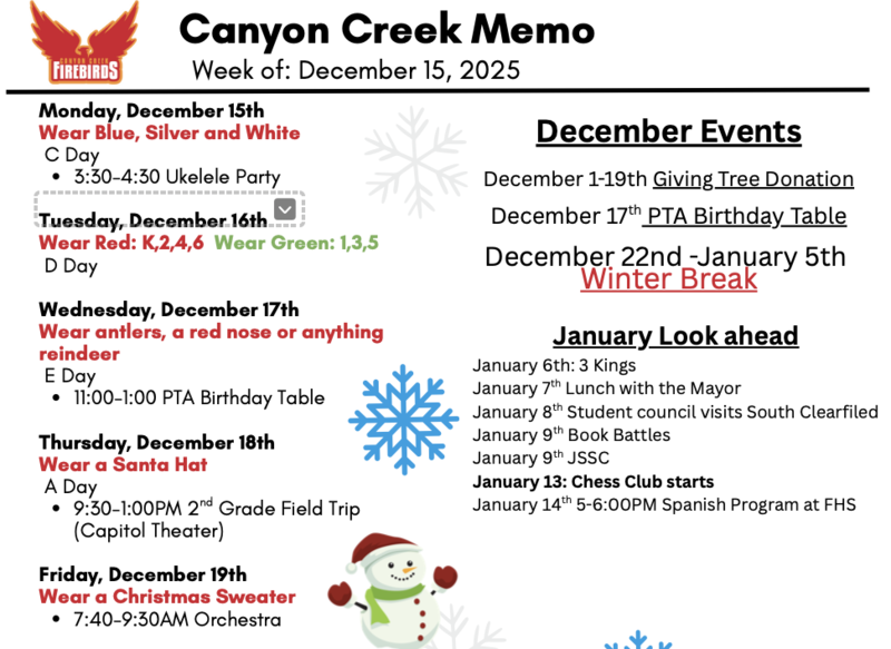 Memo Week of December 15