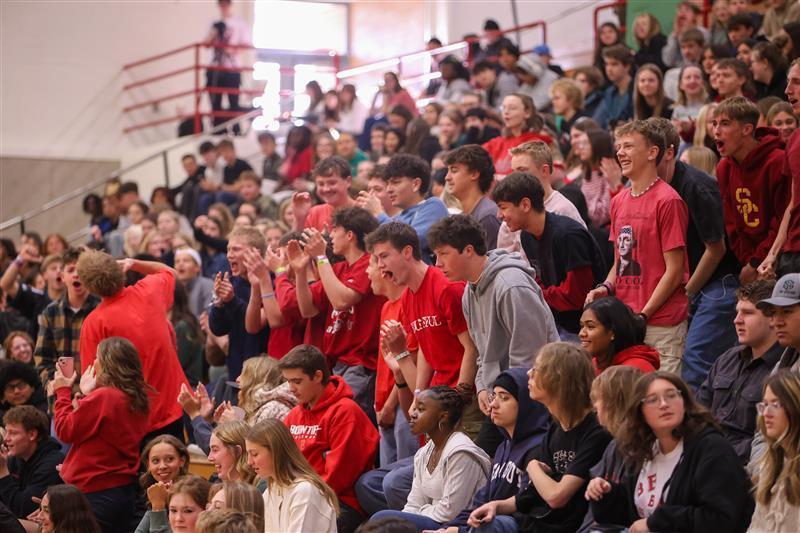 large group of students cheering