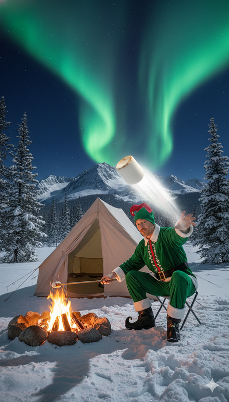 Pinky the elf throwing a marshmallow in front of a tent and the northern lights.