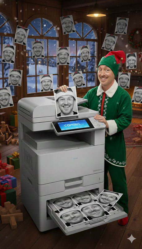 Pinky the Elf holding up a copy of his own face in front of a copy machine