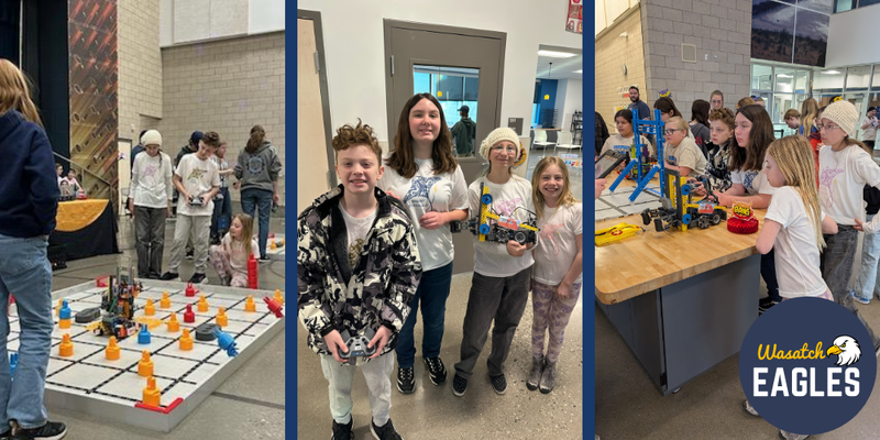 3 pictures showing the robotics team competing with the VEX robot.