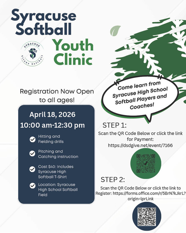 Youth softball clinic registration now open, April 18 at 10 am.  Register at dsdgives at event 7166