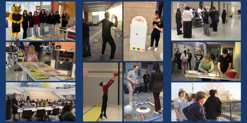 Students and adults from Sunset Junior High community playing games and finding books at the community night.