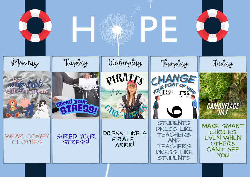 Hope Week in white font with life preservers, teddy bear, paper shredder, pirate, numbers and trees.