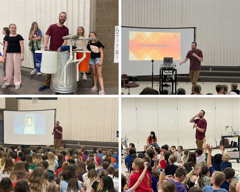 Photos of assembly for visiting author Tyler Whitesides