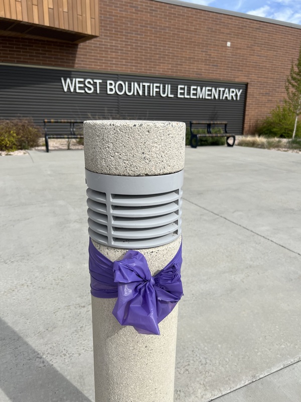Purple ribbon on post outside of school. 