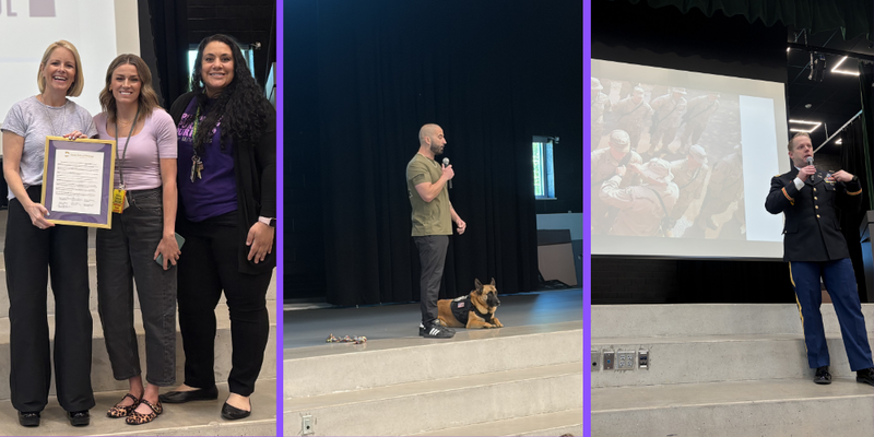 Photo collage from Bountiful elementary's Purple Up Day assembly showing purple star school status and guest speakers sharing their military experience