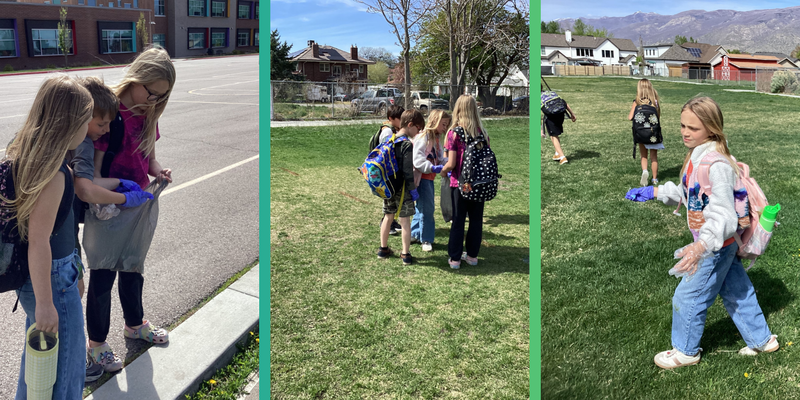 Third graders picking up trash on the school playground.