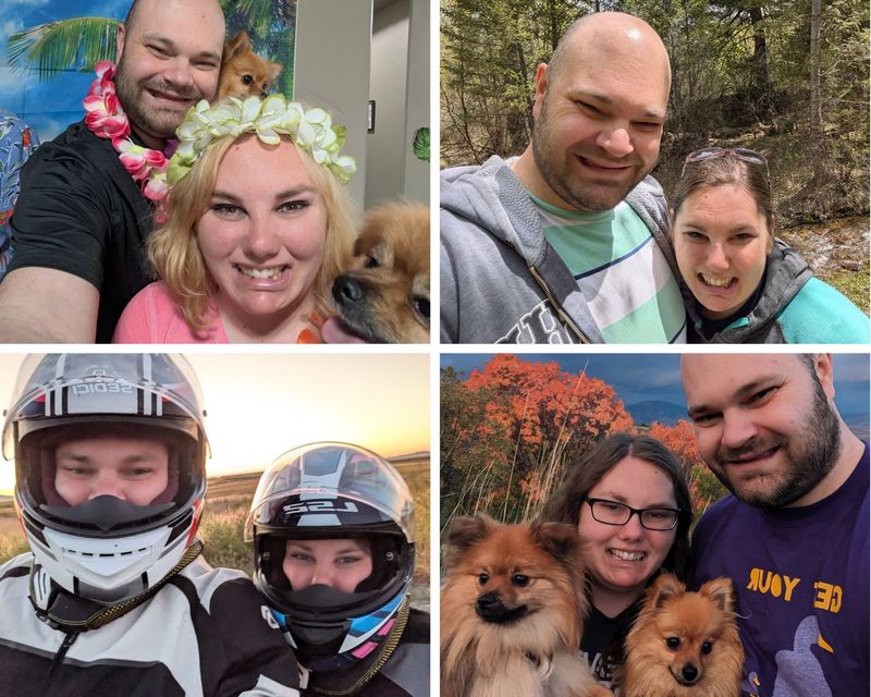 Photos of Jessica Wallenmeyer and her husband and dogs.