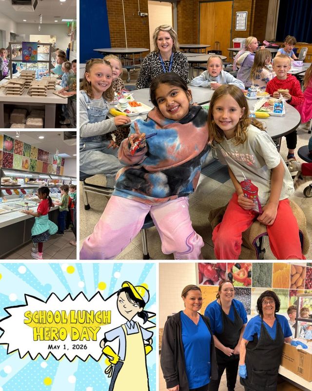 Collage images of lunchroom students and staff