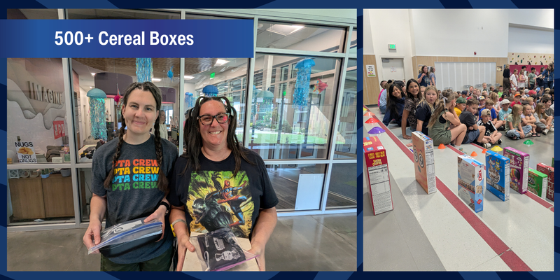 Two staff members with hair in pony tales, posing for a picture with their hair cutting supplies. On the right, a line up of cereal boxes.
