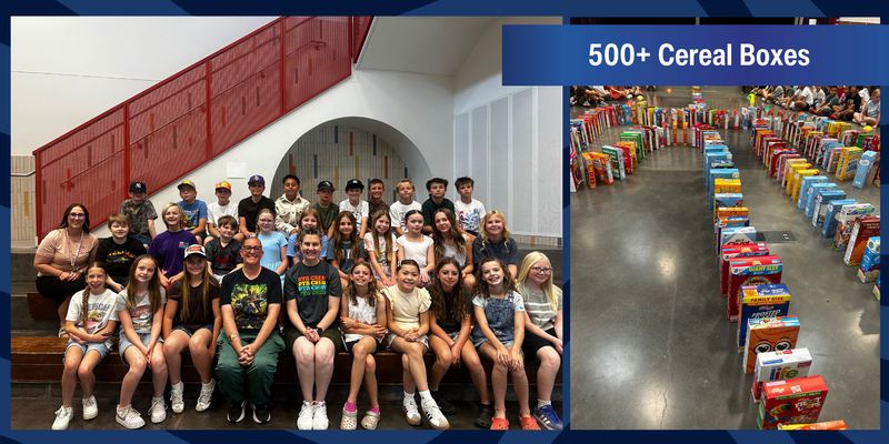 On the left, staff members posing for a picture with the top scoring class. On the right, a line up of cereal boxes.