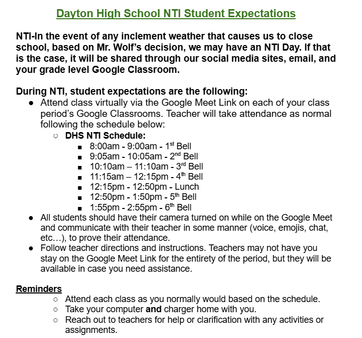 DHS NTI Expectations for Students