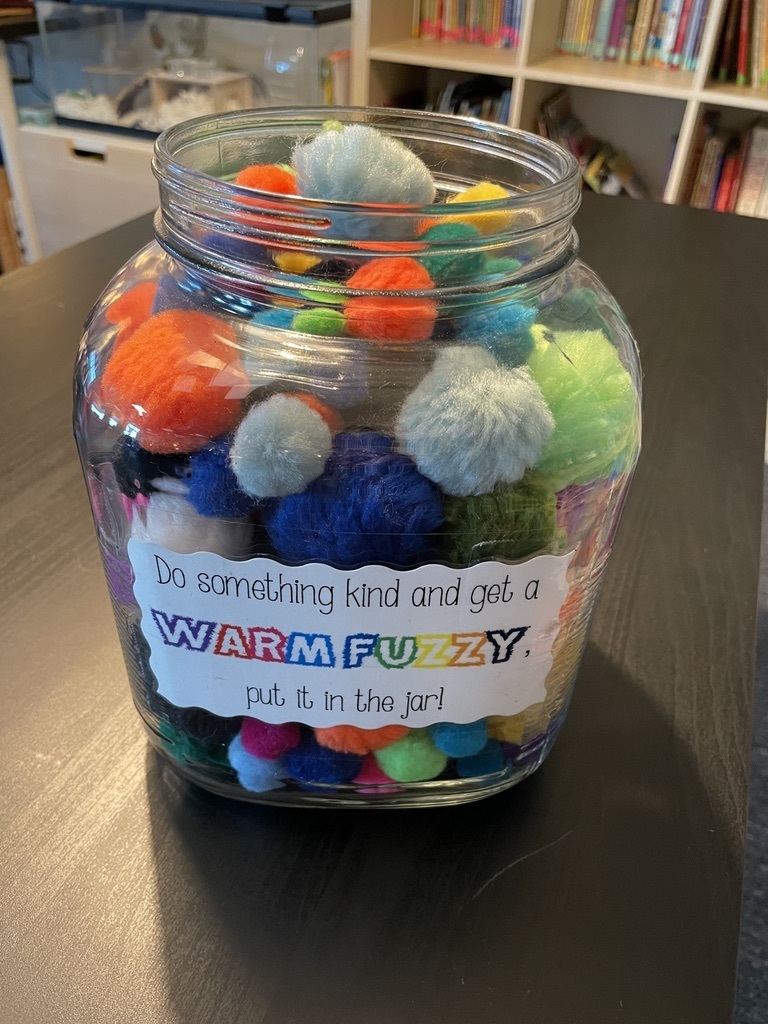 Jar with "Do something kind and get a warm fuzzy, put it in the jar"
