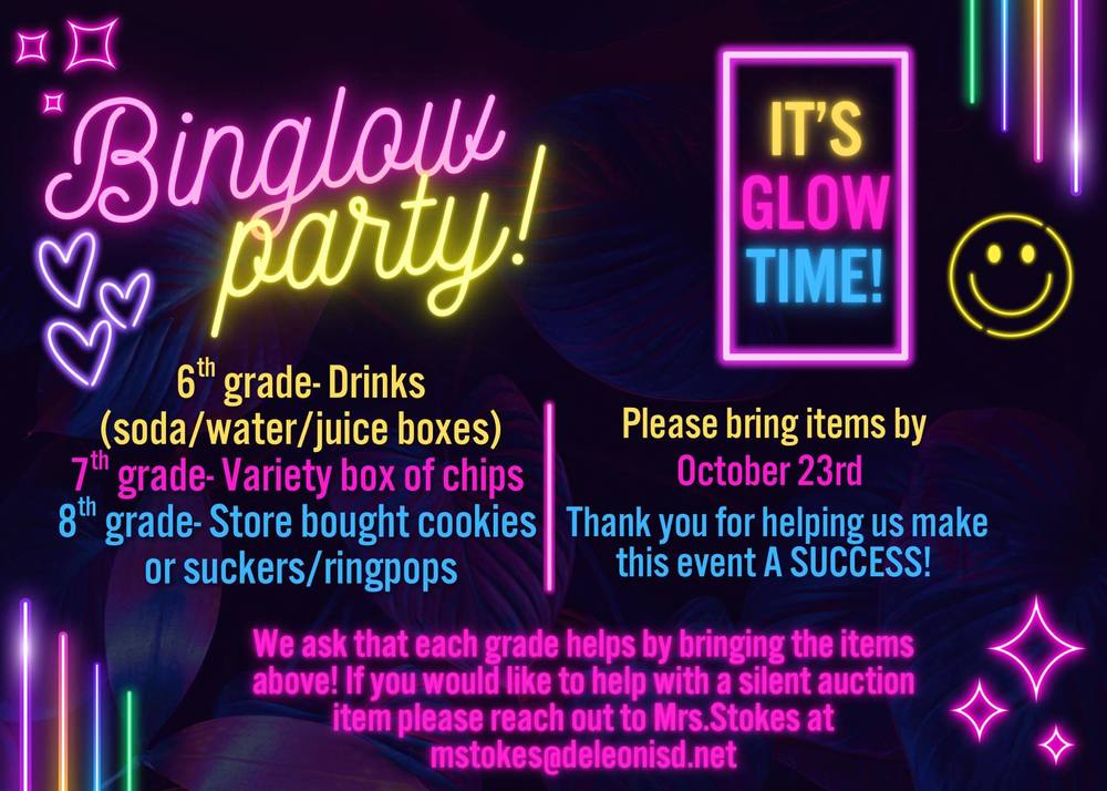 binglow party flyer for middle school