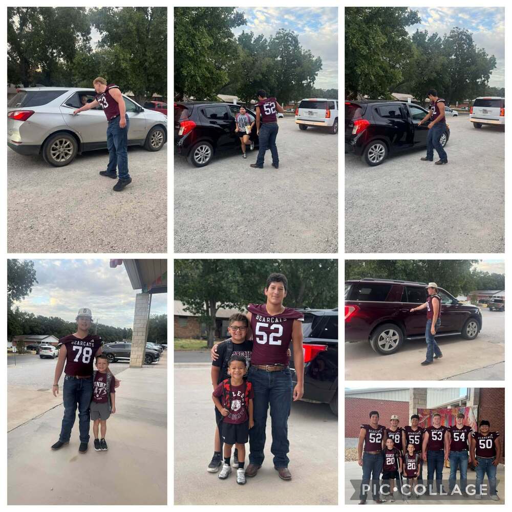 6 images of football players opening car doors friday morning in front of elementary