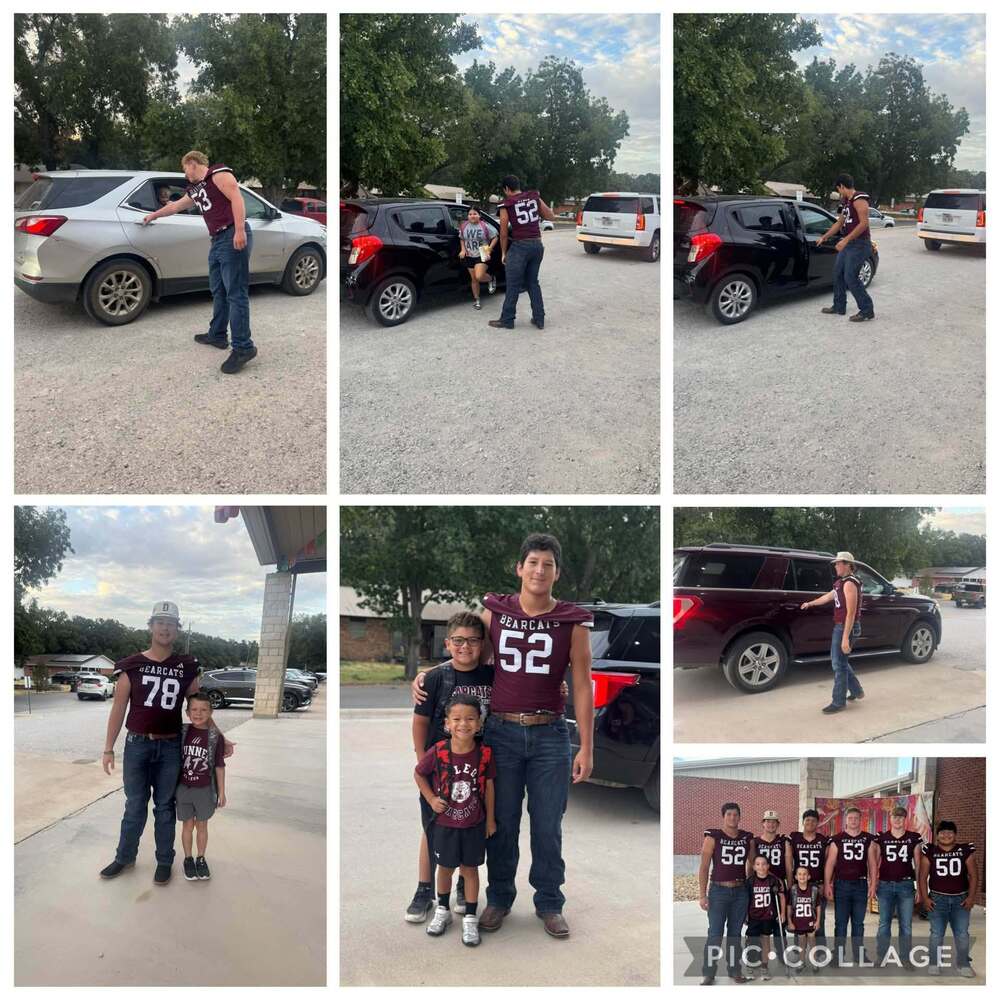 6 images of football players opening car doors friday morning in front of elementary