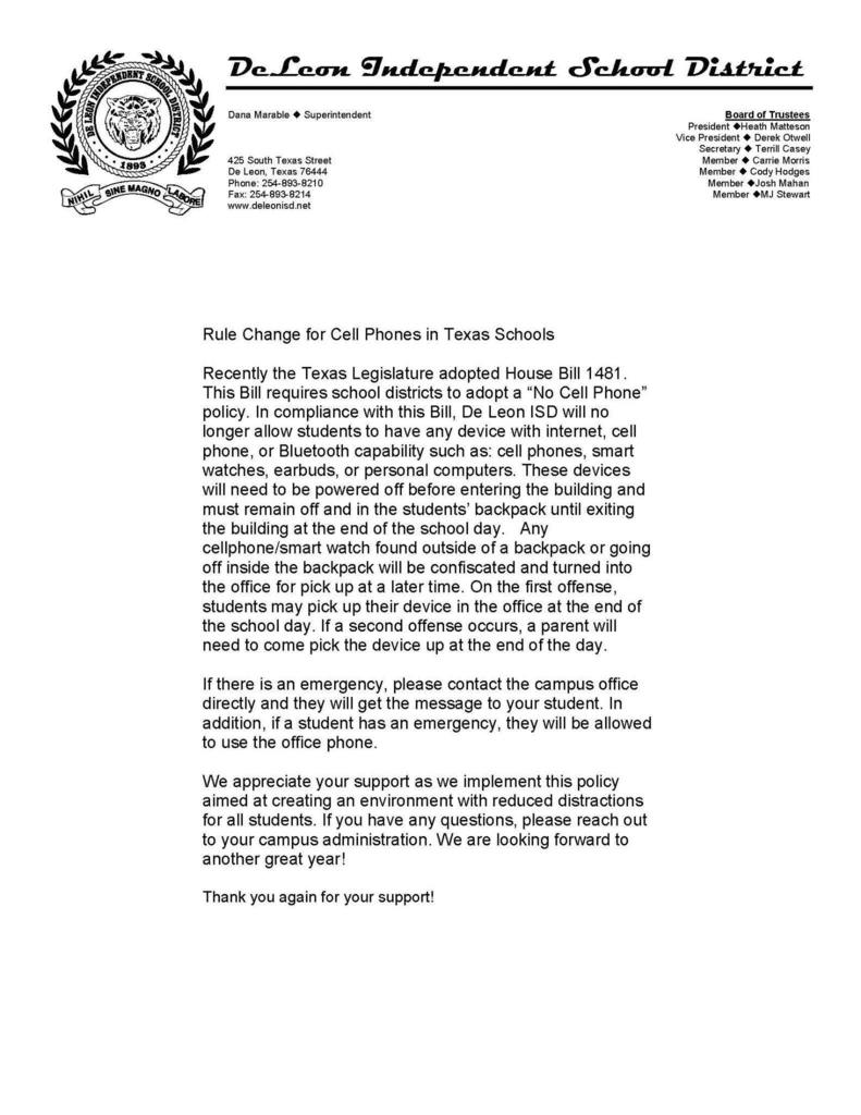rule change for cell phones in texas schools letter to public