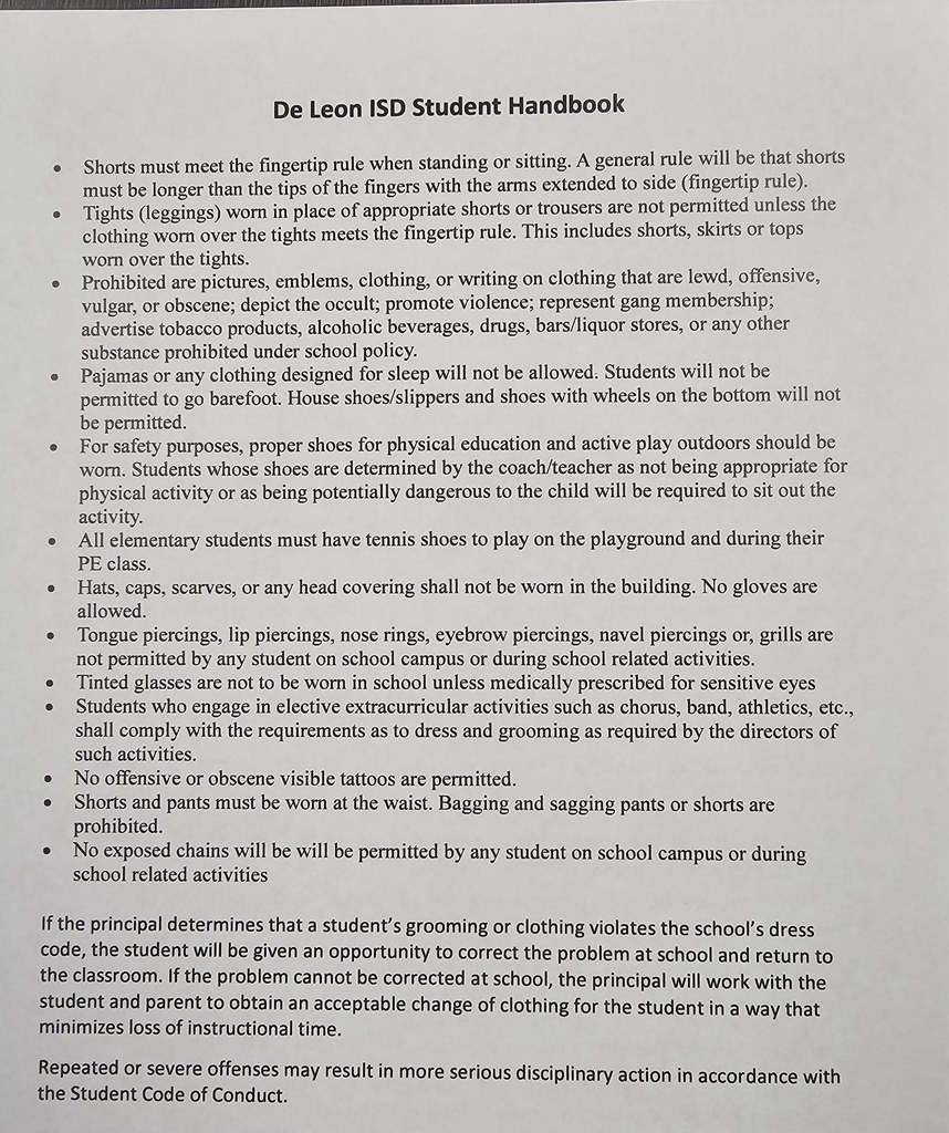 De Leon ISD student Handbook text page