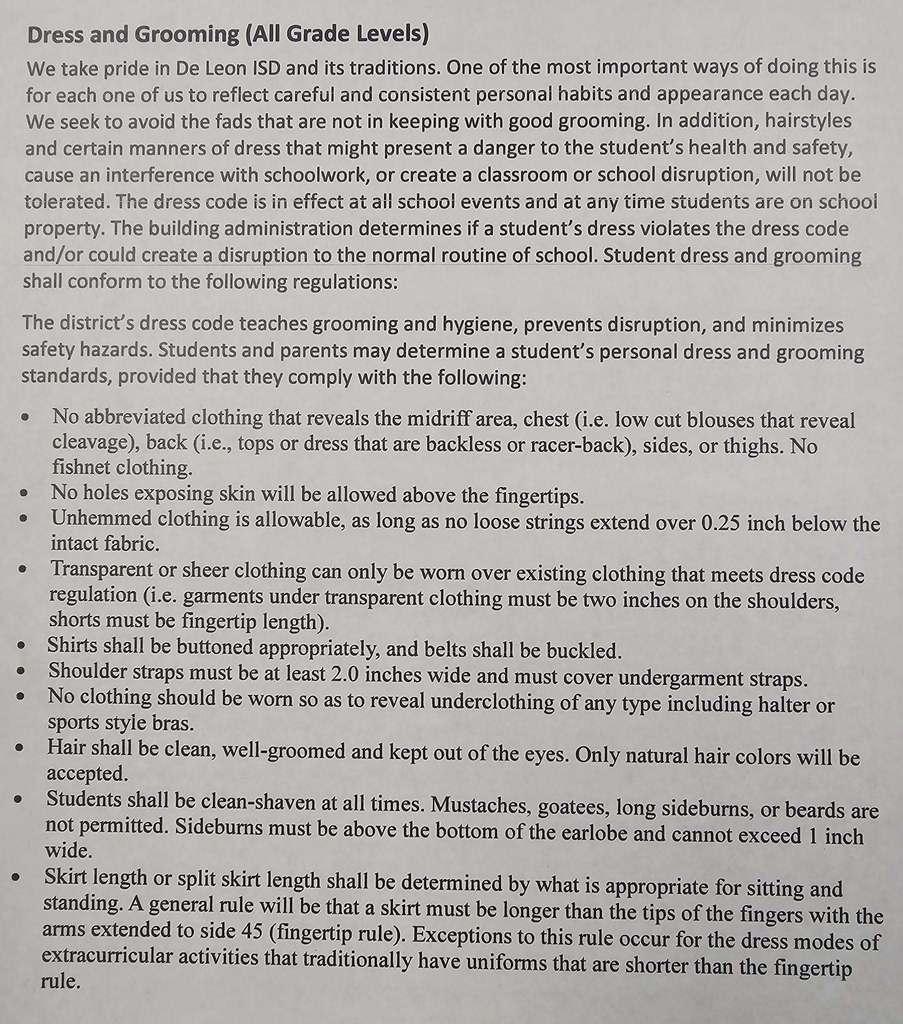 dress and grooming text from student of code of conduct