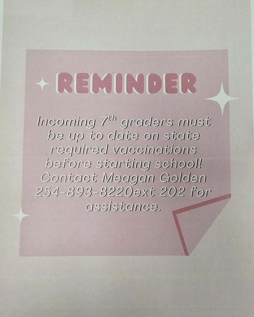 7th grade reminder about required vaccinations flyer