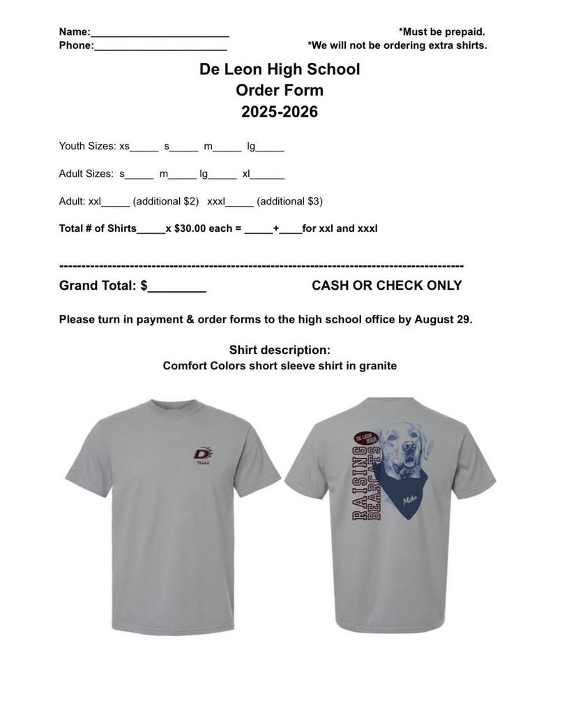 de leon high school t shirt order form