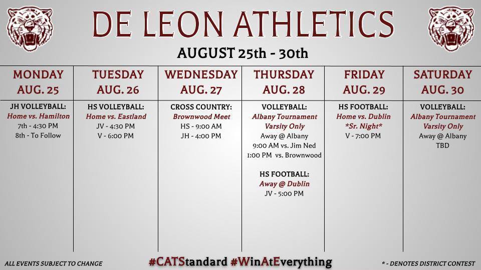 DE LEON ATHLETICS WEEK AT A GLANCE GRAPHIC
