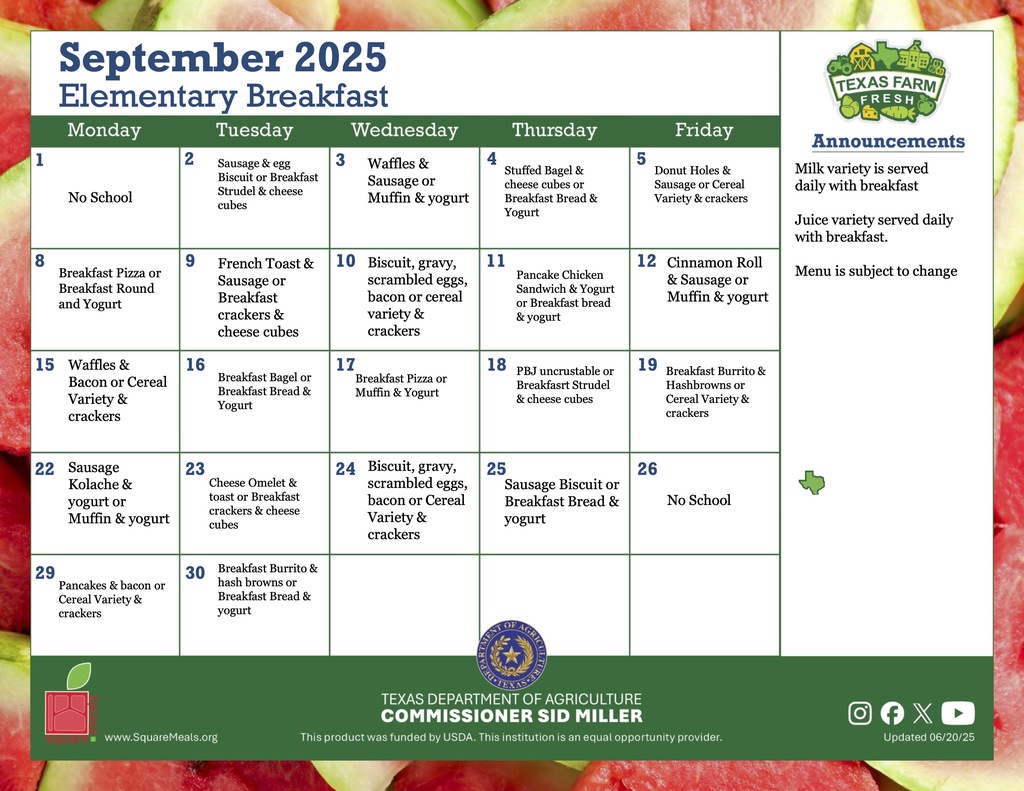 elementary breakfast menu