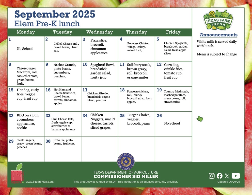 elementary pre k lunch menu