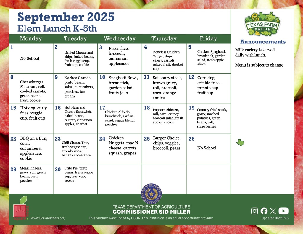 elementary kinder to fifth grade lunch menu