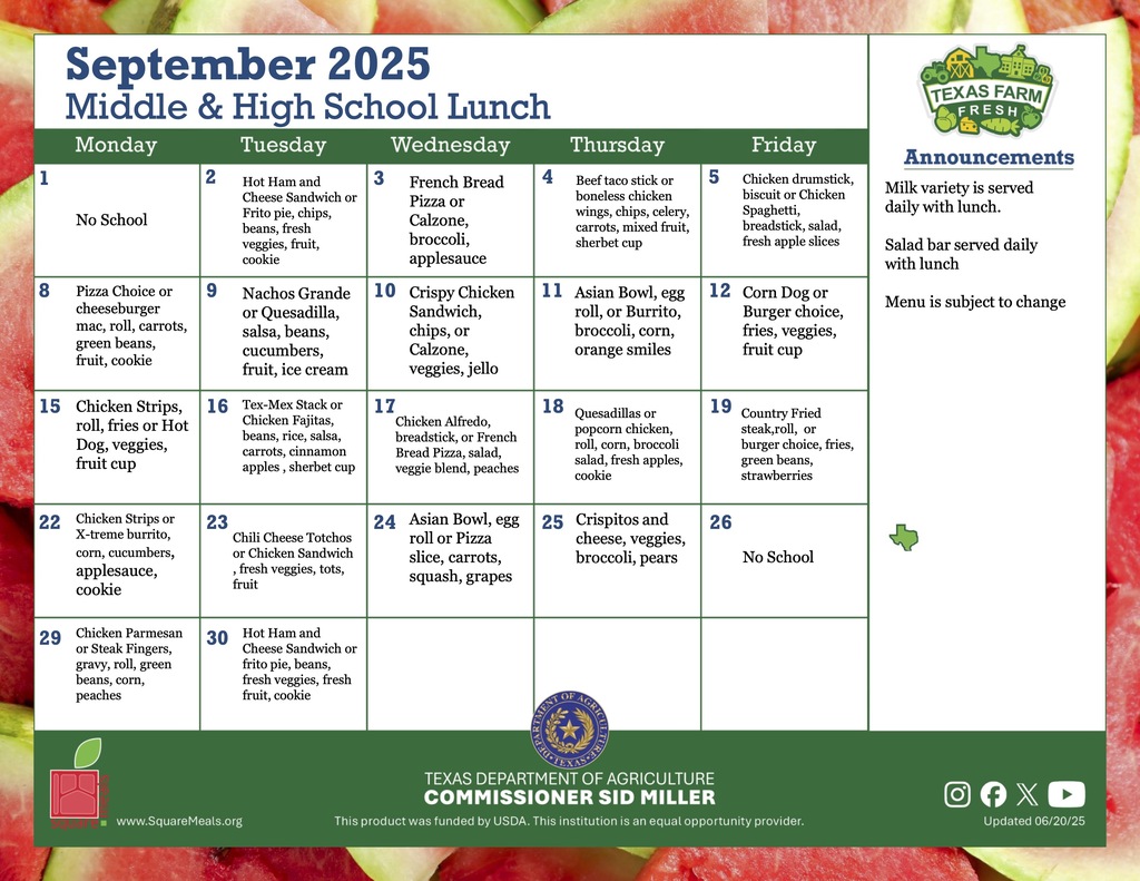 MS & HS lunch menu