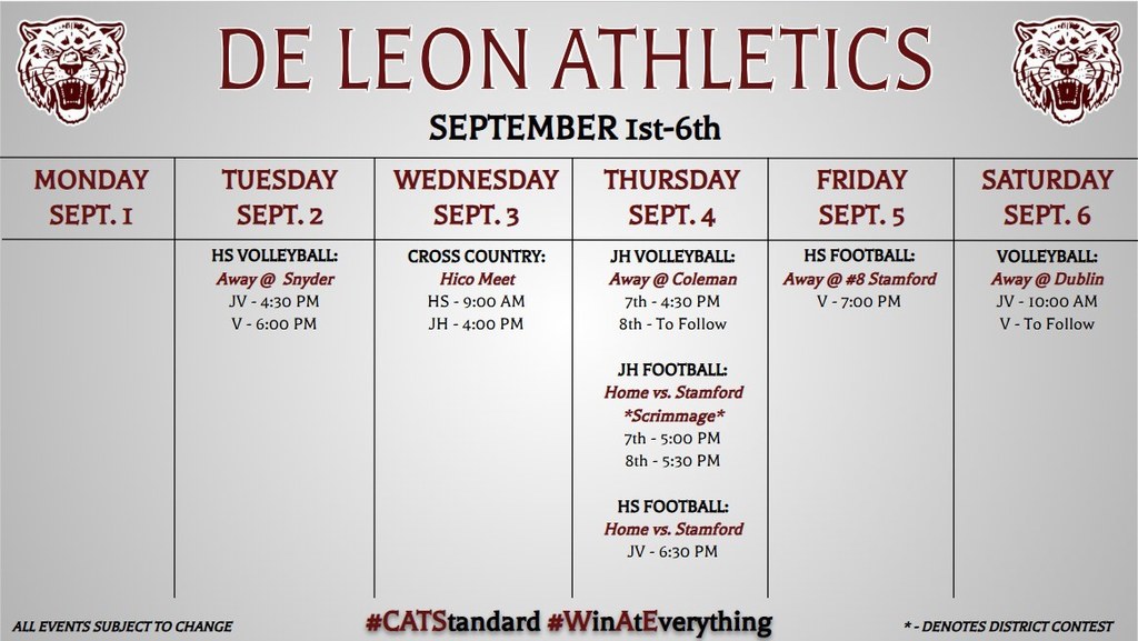 de leon athletics week at a glance graphic
