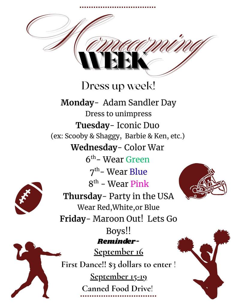 homecoming week dress up week list for middle school