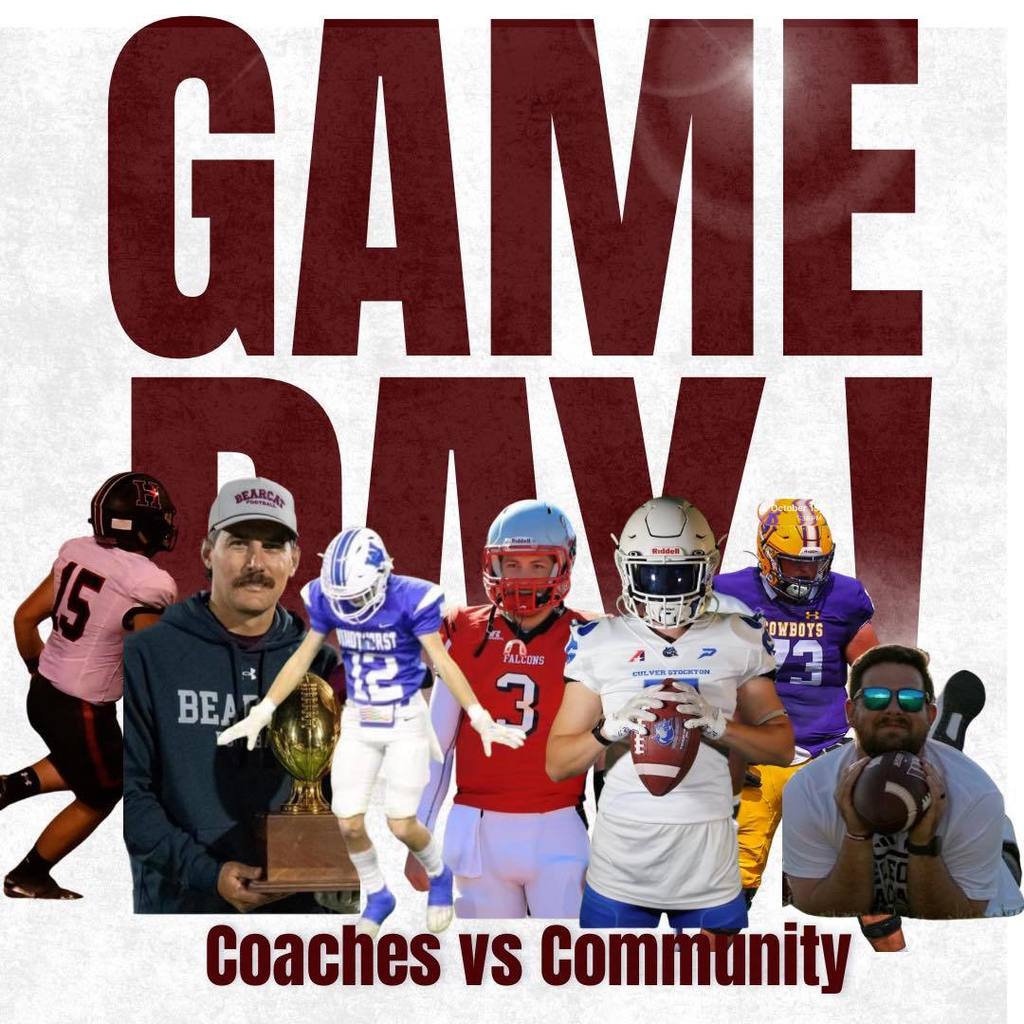 game day flyer for the coaches vs community football game on thursday