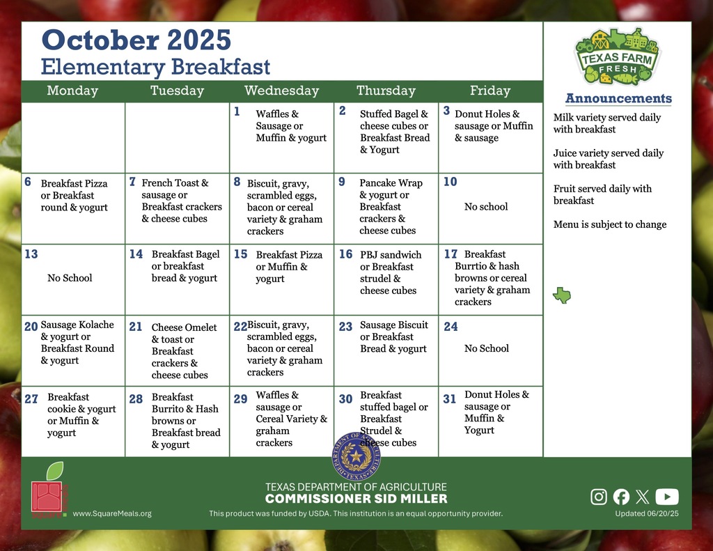 october elementary breakfast menu