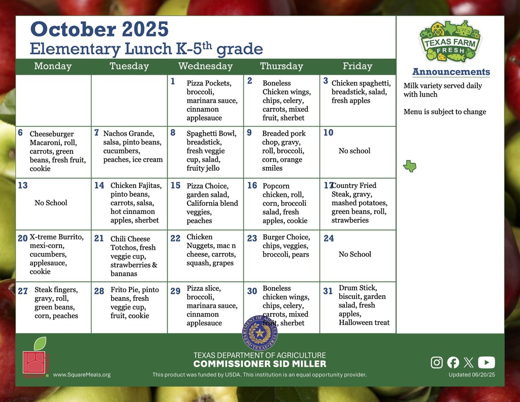 october elementary lunch menu