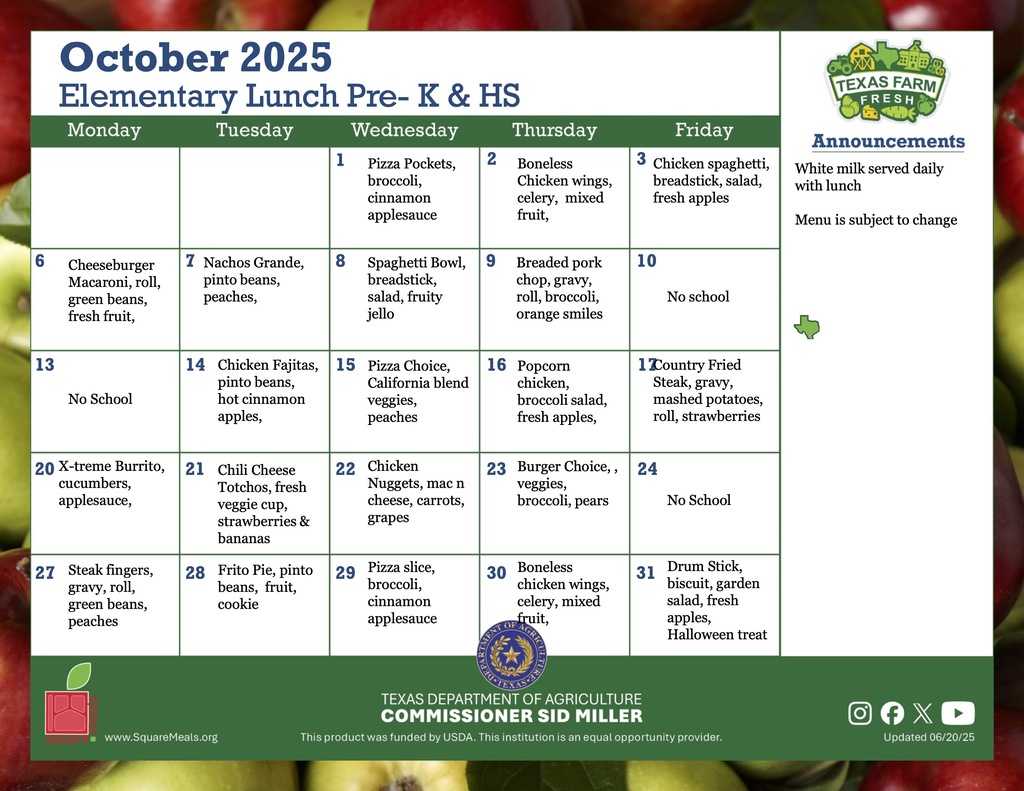 october elementary lunch menu