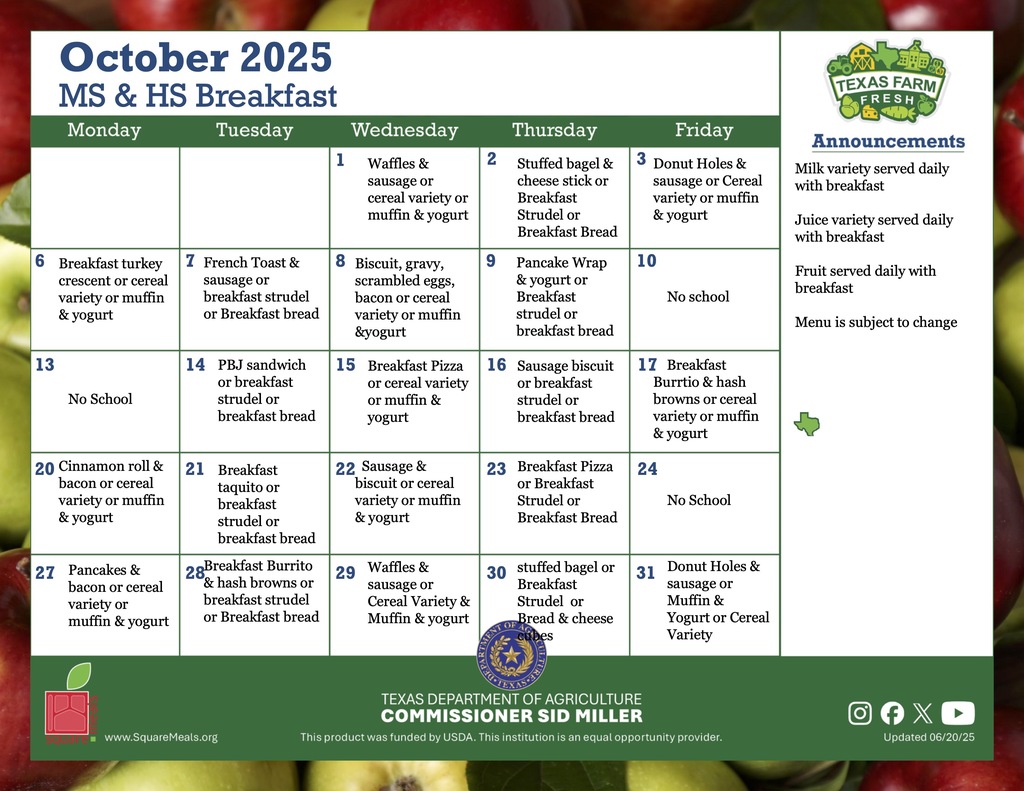 october MS & HS breakfast menu
