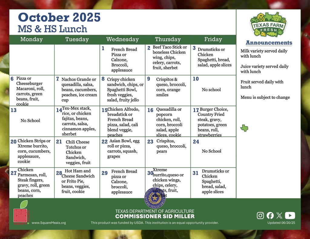 october MS & HS lunch menu