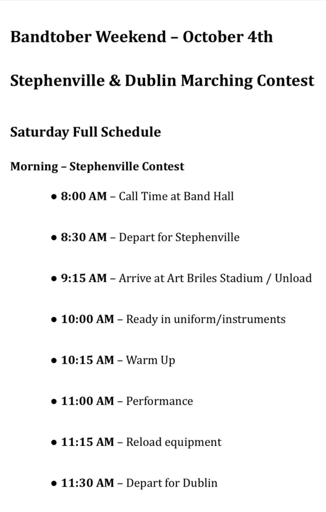 stephenville and Dublin Marching full schedule