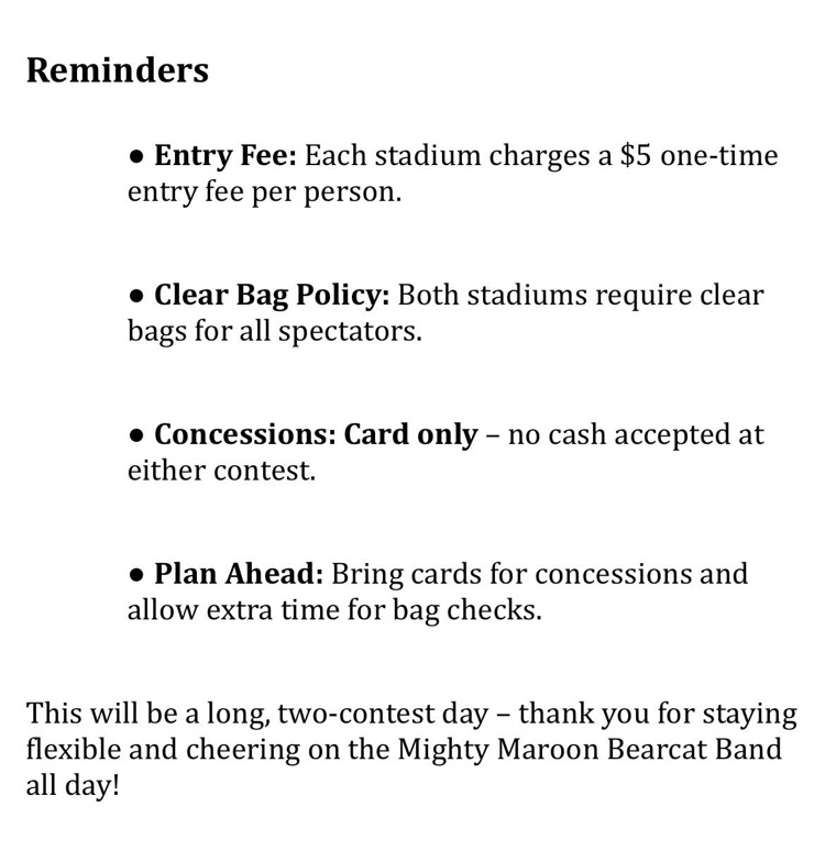 stephenville and Dublin Marching full schedule and bag policy