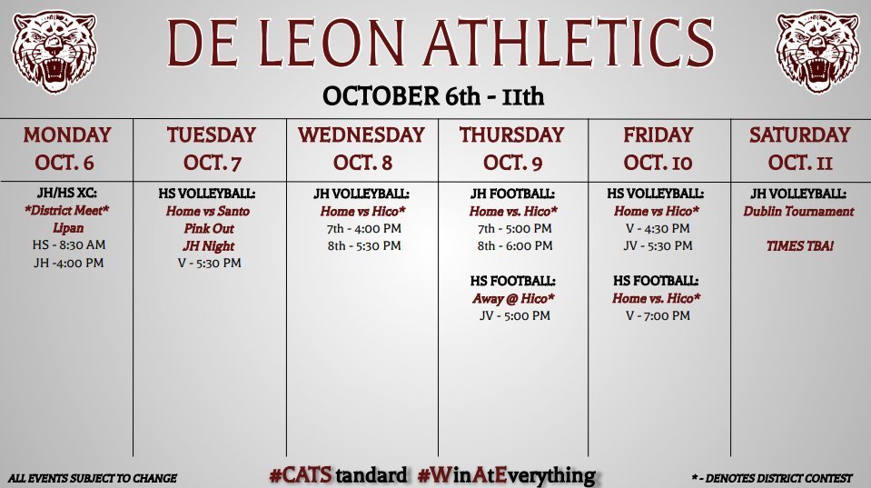 de leon athletics week at a glance for october 6th to 11th