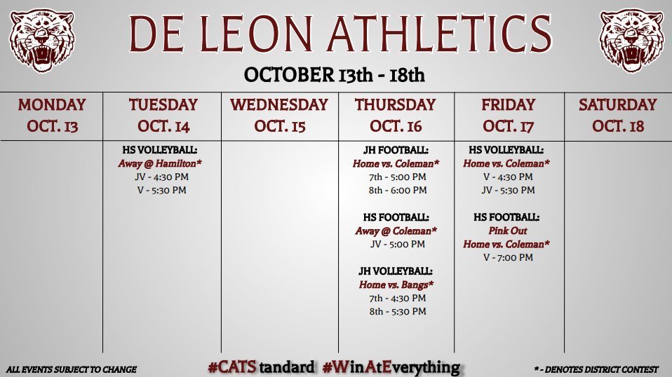 de leon athletics week at a glance graphic