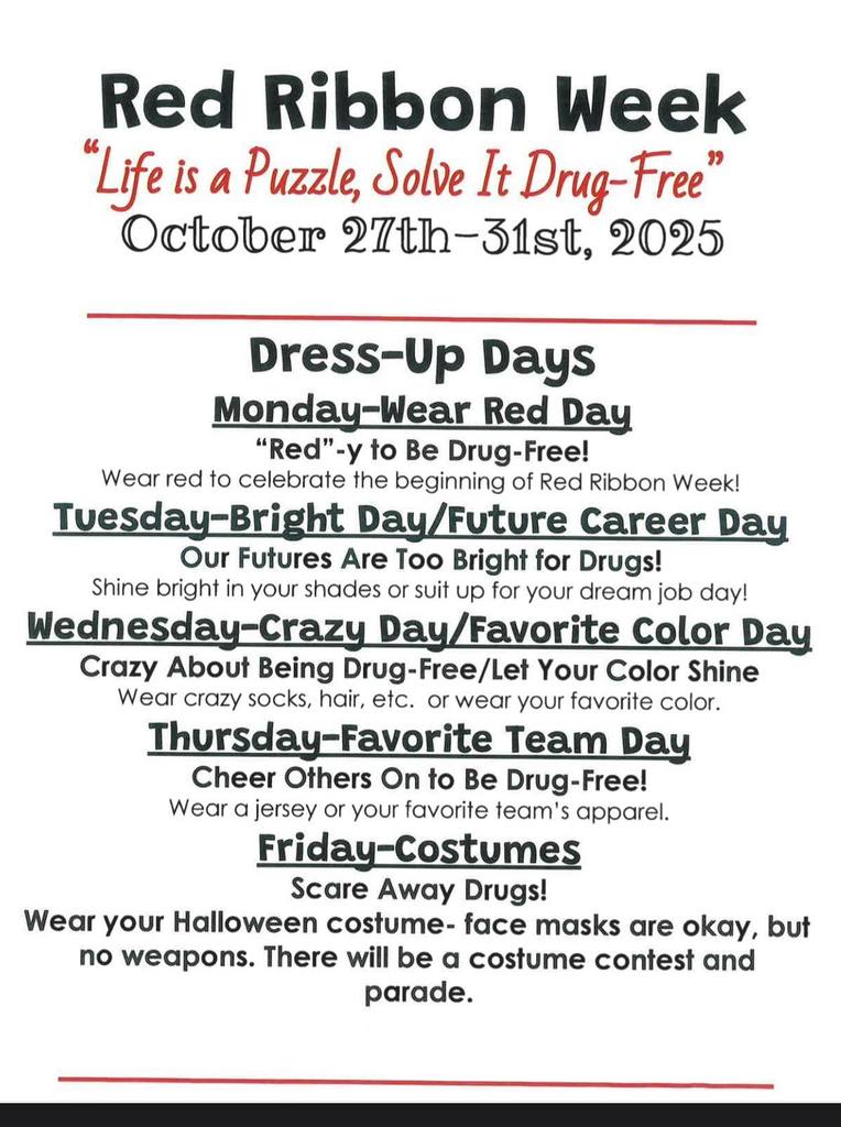 red ribbon week dress up day text list
