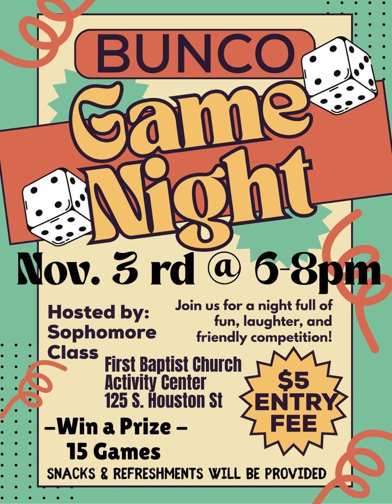 class of 2028 bunco game night info flyer