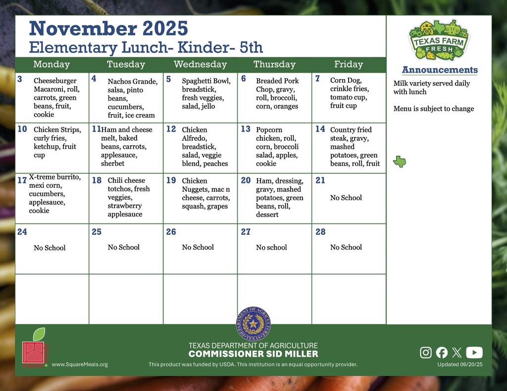 november elementary lunch menu